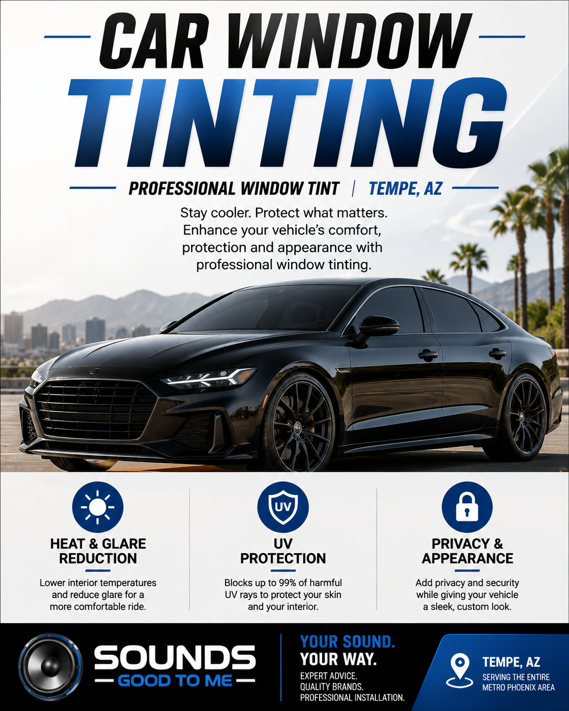 Professional window tint options for cars and SUVs in Tempe, AZ showing light, medium, dark and limo tint styles