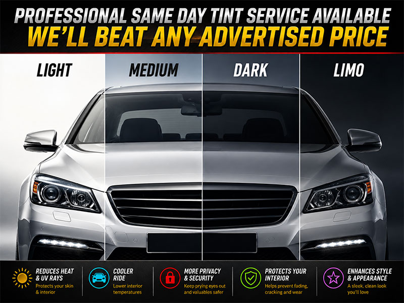 Sounds Good To Me professional window tinting in Tempe, AZ, showing light, medium, dark and limo tint levels.