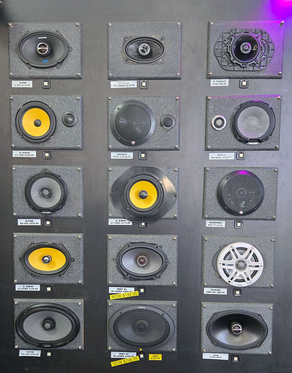 Car speakers from Alpine, JL Audio, Rockford Fosgate and other brands on display at Sounds Good To Me in Tempe, Arizona