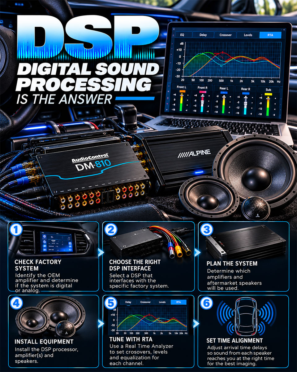 Car audio DSP system with processor, amplifier and speakers being tuned with an RTA for crossover, equalization and time alignment.