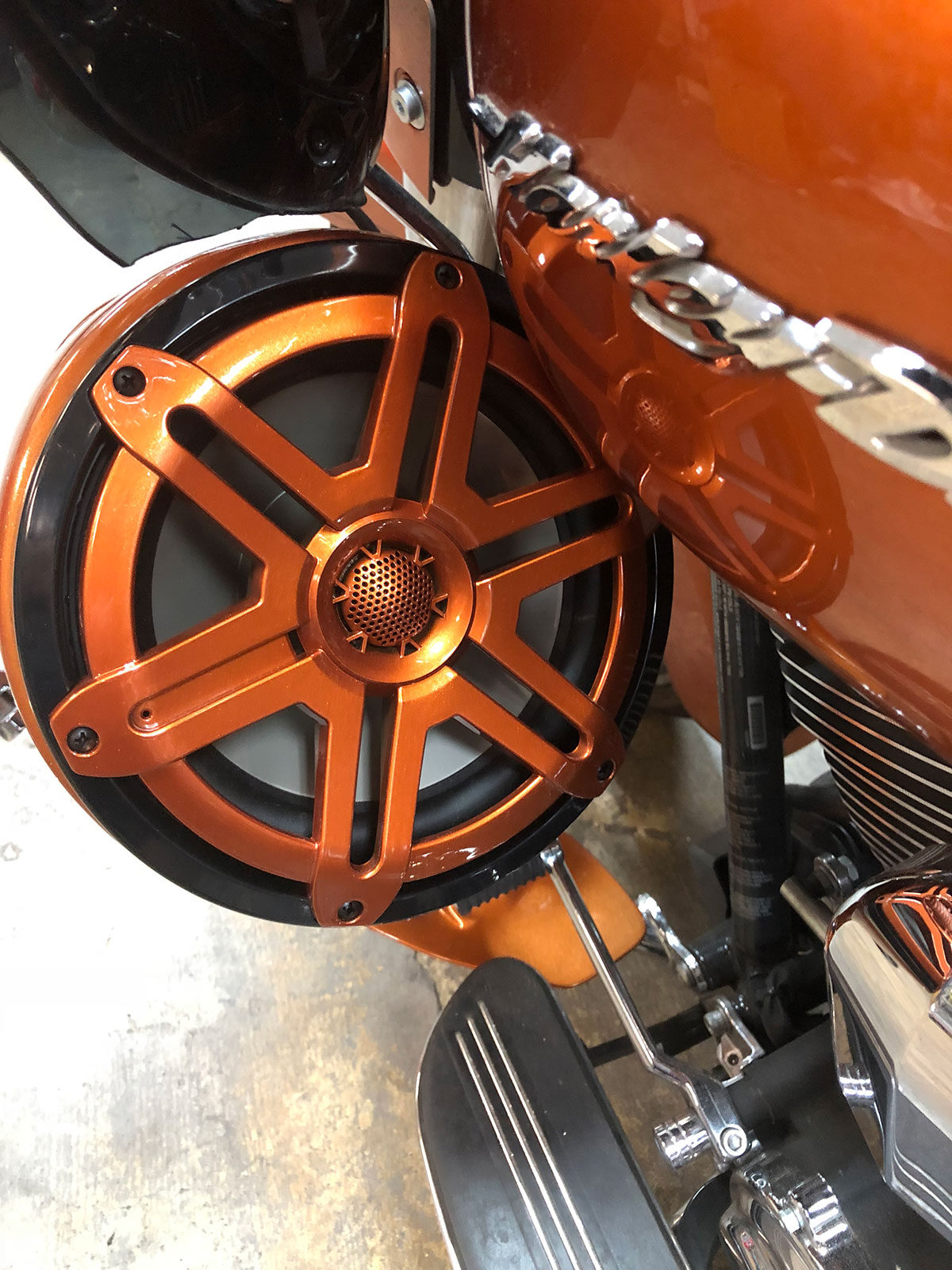 Custom front speaker pod on Harley bagger with painted enclosure and audio upgrade Custom front speaker pod on Harley bagger with painted enclosure and audio upgrade
