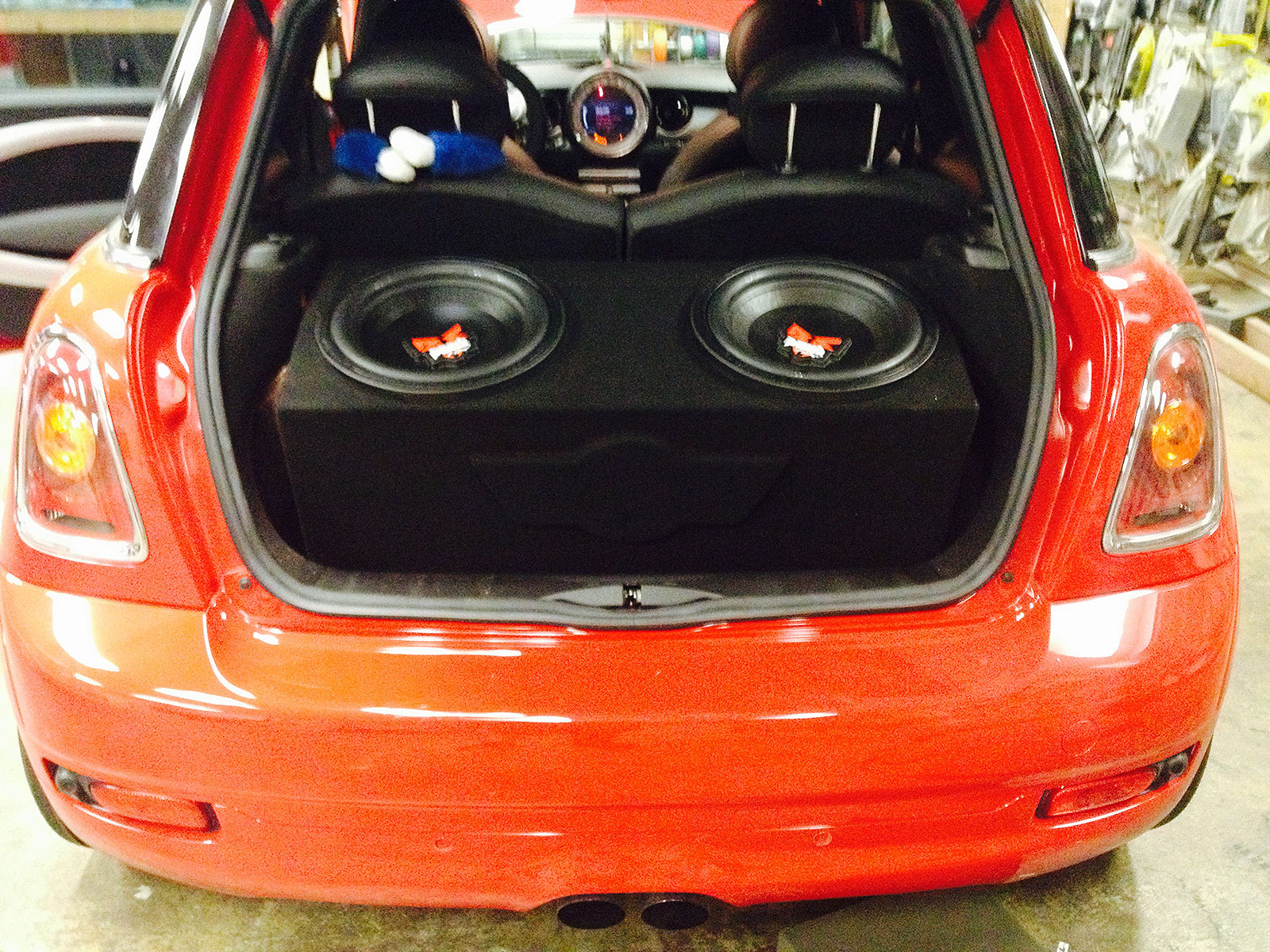 Dual subwoofer system installed in Mini Cooper trunk in Tempe AZ