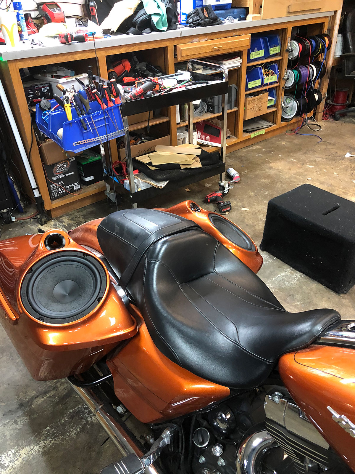 Rear three-quarter view of Harley-Davidson bagger with custom audio system installed in Tempe AZ Rear three-quarter view of Harley-Davidson bagger with custom audio system installed in Tempe AZ