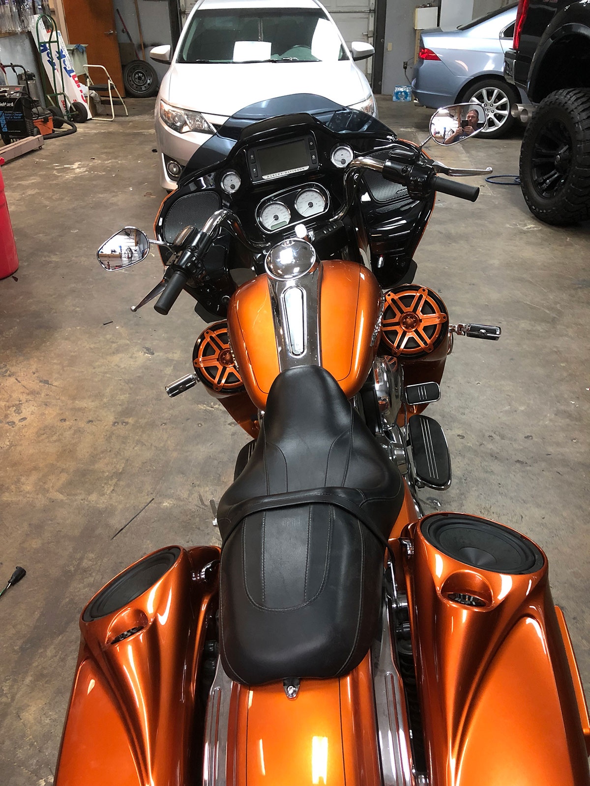 Top view of Harley-Davidson bagger with custom audio system installed in Tempe AZ Top view of Harley-Davidson bagger with custom audio system installed in Tempe AZ