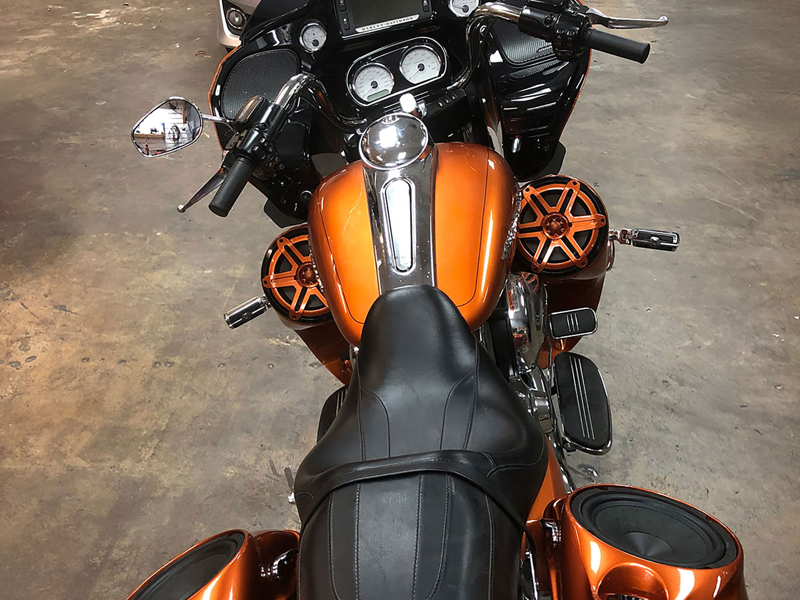 Top view of Harley-Davidson bagger with custom audio system installed at Sounds Good To Me in Tempe, AZ