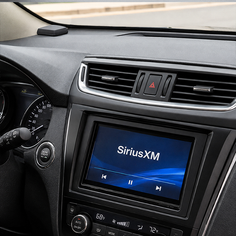 SiriusXM receiver and satellite antenna professionally installed in a vehicle dashboard